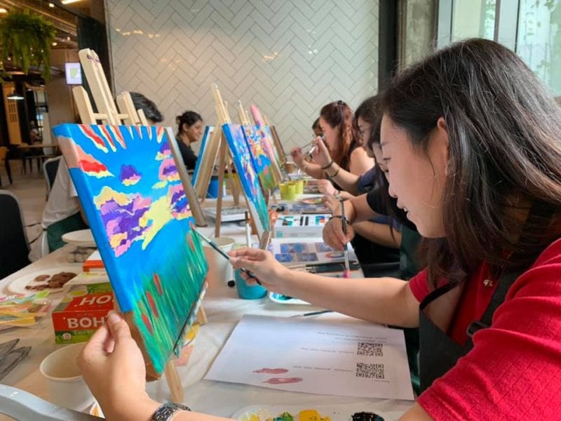 students painting on a canvas